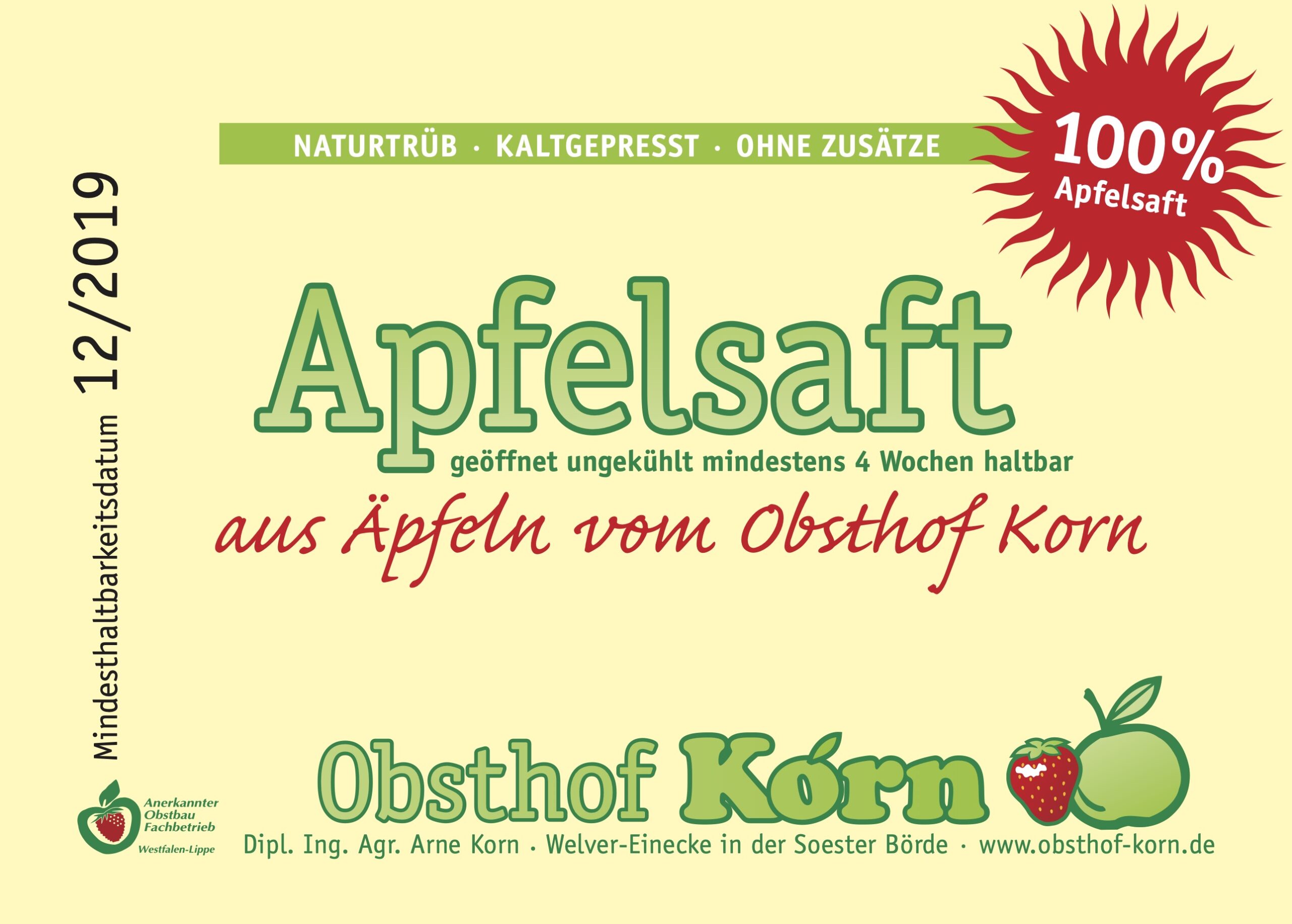 Obsthof-Korn-Apfelsaft-Etikett von 2019, ursprüngliches Design vor dem ReDesign. Officina und Cooper Black.