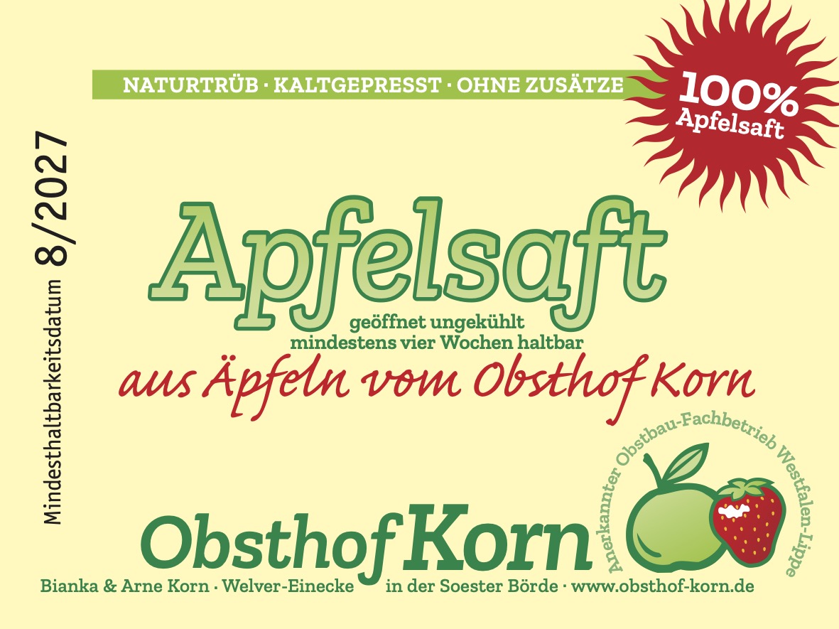 Obsthof-Korn-Apfelsaft-Etikett von 2025, nach dem ReDesign. Zilla Slab.